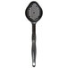 A black plastic spoon with a perforated oval bowl and handle.