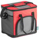 A red and grey Choice insulated cooler bag with a black shoulder strap.