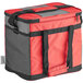 A red and black Choice insulated cooler bag with a zipper.
