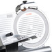 A close-up of an Avantco meat slicer with a metal guard ring.