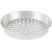 A silver round metal American Metalcraft pizza pan with holes.