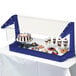 A navy blue plastic table top buffet and salad bar with desserts and a cake.