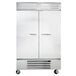A white Beverage-Air reach-in refrigerator with stainless steel doors and silver handles.