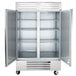A Beverage-Air stainless steel reach-in refrigerator with two white doors.