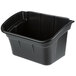 A black Rubbermaid utility bin with a curved edge and a handle.