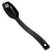 A black plastic salad bar spoon with a long handle and a hole in the end.