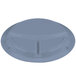 A close-up of a slate blue Cambro narrow rim plate with 3 compartments.