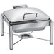 An Eastern Tabletop stainless steel chafer with a hinged dome lid on a stand.