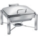 An Eastern Tabletop stainless steel chafer with a hinged dome cover on a stand.