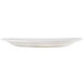 A Homer Laughlin bright white oval china platter with a small rim on a white background.