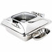 A stainless steel square chafing dish with a hinged silver lid.