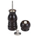 A black wooden pepper mill and salt shaker combo with metal accents.