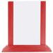A red rectangular wooden table tent with a white border and a white background.