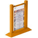 A Menu Solutions oak wood flip top table tent with a menu in a wooden frame.