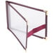 A burgundy Menu Solutions table tent with sewn edges.