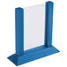 A blue wooden Menu Solutions table tent frame with a white sheet inside.