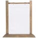 A brown wooden Menu Solutions table tent with a white paper insert.