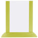 A lime wood Menu Solutions table tent with a white border and stand.