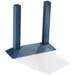 A blue wooden Menu Solutions table tent stand with clear plastic sheets.