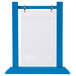 A blue rectangular Menu Solutions wood table tent with a white border.