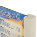 A Menu Solutions almond wood table tent with a white rectangular background holding a menu.