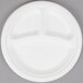 A white EcoChoice Bagasse plate with three compartments.