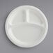 A white EcoChoice compostable sugarcane plate with three sections.