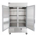 A silver Beverage-Air Horizon Series reach-in refrigerator with two open doors.