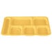 A yellow Cambro co-polymer tray with 6 compartments.