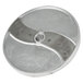 A circular metal Vollrath slicing plate with screws and a hole in the center.