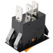 A black electrical switch with metal terminals.