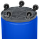 A blue barrel with grey wheels.