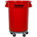 A red plastic Continental Huskee trash can with wheels and a lid.