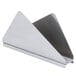 A silver metal Tablecraft napkin holder with a triangular shape.
