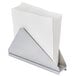 A Tablecraft stainless steel napkin holder with a white napkin.