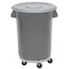 A grey trash can with wheels and a dolly kit.