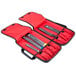 A red Mercer Culinary knife case with black handles containing several knives.