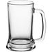 A clear glass Acopa beer mug with a handle.