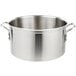 A silver Vollrath stainless steel sauce pot with handles.