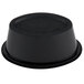 A black Newspring oval plastic souffle cup with a lid.