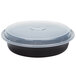 A black Pactiv plastic container with a clear plastic lid.