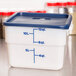 A white Cambro CamSquare polyethylene container with a blue lid.