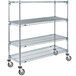 A chrome Metro 4 tier wire shelving unit with wheels.