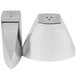 A silver stainless steel salt and pepper shaker set in a triangle shape.