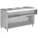 An Advance Tabco stainless steel liquid propane hot food table with enclosed undershelf and four open wells on a counter.