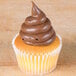A cupcake with brown frosting piped on top using an Ateco 804 plain piping tip.