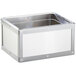 A silver rectangular stainless steel container with a white surface.