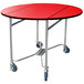 A round red Lakeside room service table with metal legs and wheels.