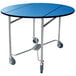 A Lakeside round mobile room service table with a blue surface and wheels.