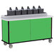 A green Lakeside condiment cart with black cup dispensers on top.